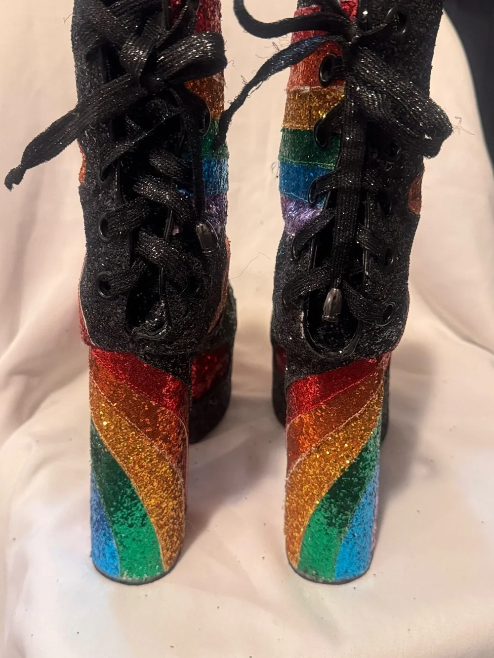 Dolls Kill Stars and Stripes black glitter platform lace back boots size 11